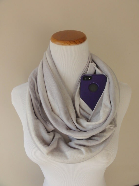 Striped Infinity Scarf With Pocket Grey and Cream Yoga