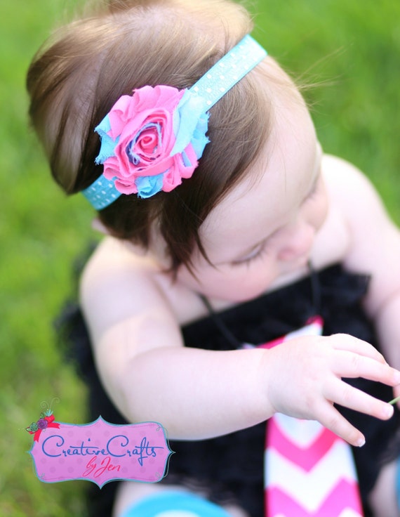 Cotton Candy Shabby Headband - Polka Dot, Aqua, Pink, Bubblegum, Sweets, Candy, Photo Prop, Hair Accessory, Child, Adult, Girl Hair Bow