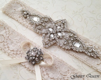 Ivory Lace Garter Set, Lace Wedding Garter Set, Bridal garter Set, Rhinestone Garter, Ivory Garter, Crystal Garter