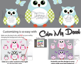 6 Owl Stickers, Nursery Wall Stickers, Owl Wall Stickers (6 Blue Orange) 6ROO