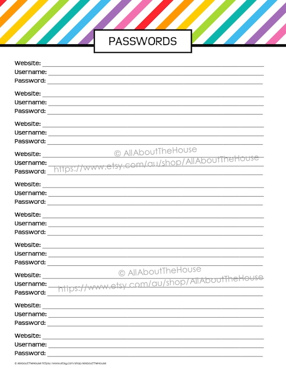 Password Log Printable Planner 2014 2015 Daily Planner Agenda