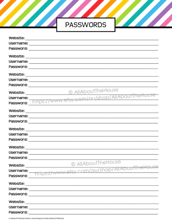 Password Log Printable Planner 2014 2015 Daily Planner Agenda