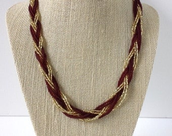 Garnet and gold necklace, maroon necklace, beaded necklace, seed bead necklace, fsu necklace,florida state,braided necklace, braid necklace