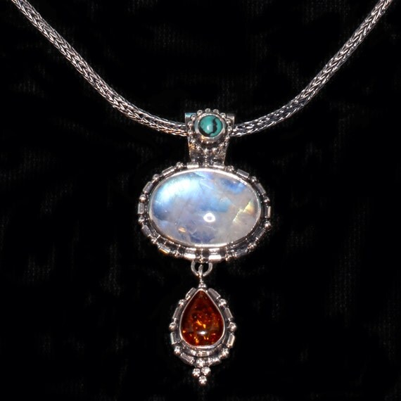 Sterling Silver Moonstone Amber Necklace: TIBET