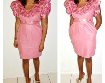 African Ankara Print and Wooden Dress, African Print 100% Holland Wax Cotton Pink Short Dress, African Print Dress