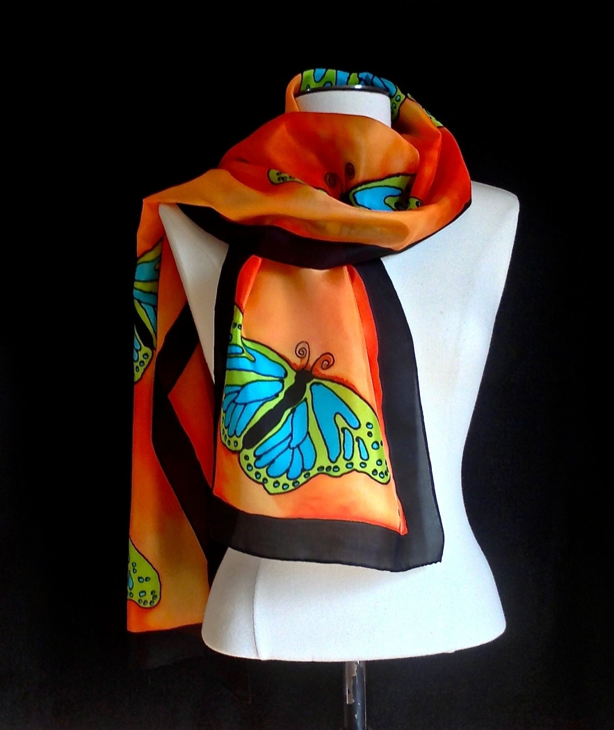Hand painted silk scarf brilliant green and turquoise