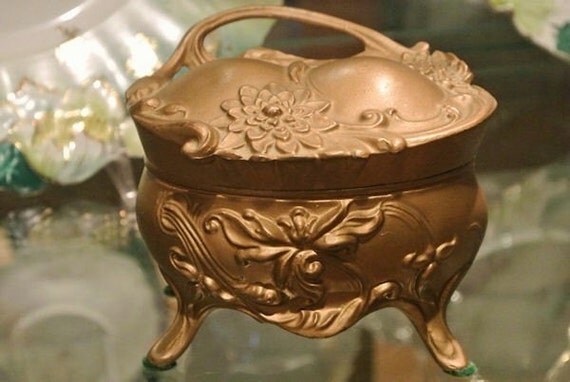 1900s Antique Jewelry Casket Box Repousse Ormolu Art Nouveau Victorian Metal Trinket Box Gold Footed Vanity Boudoir Dressing Table Cottage