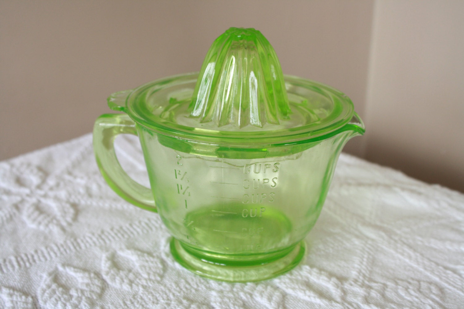 Vintage Green Glass Juicer and Measuring Cup. Antique Retro