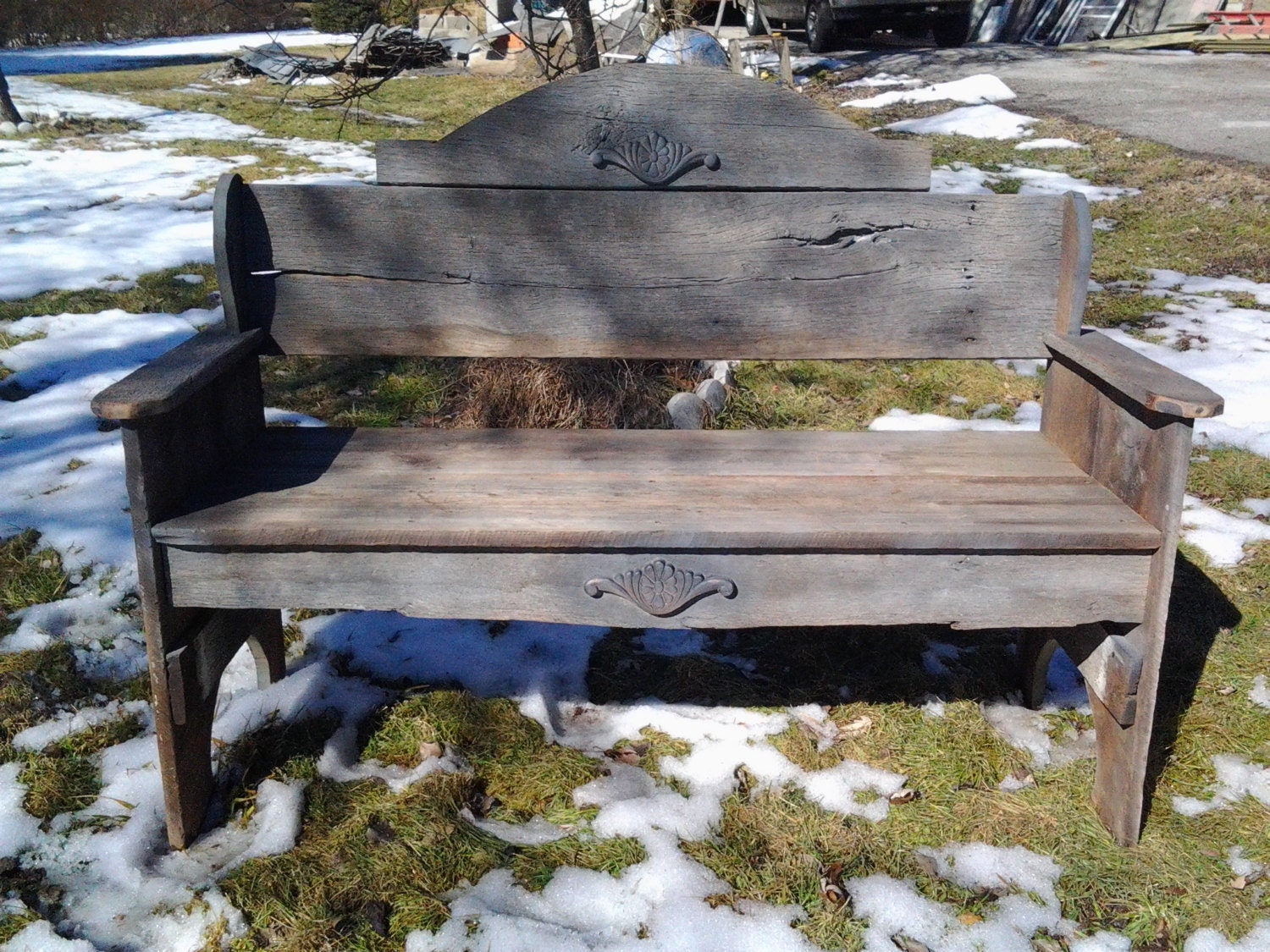 rustic bench made from 100 year old barn board sturdy