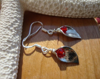 Silver Calla Lily Earrings with Red Crystal Beads
