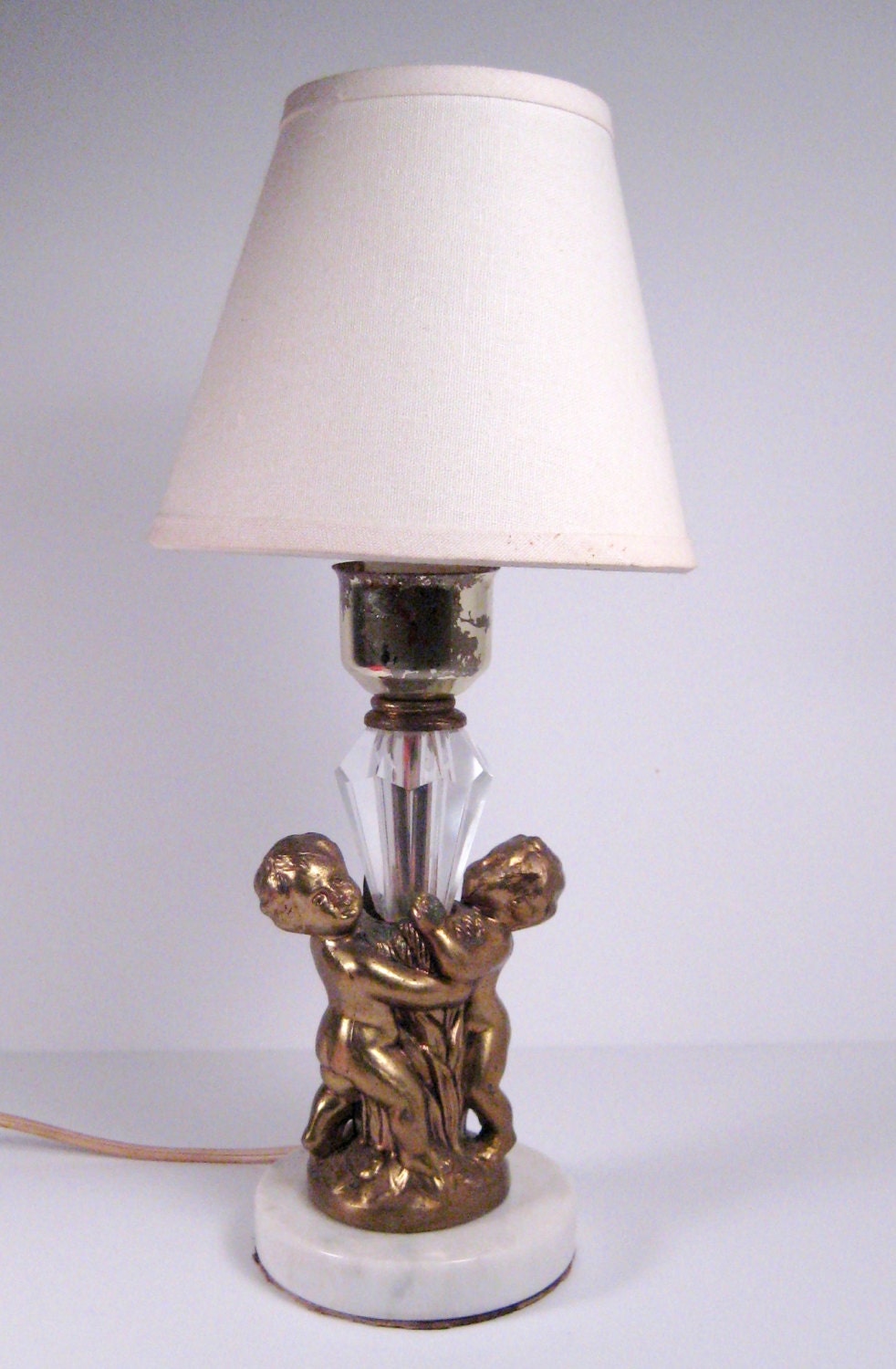 Vintage Lamp Putti Cherubs With Crystal Insert Marble Base