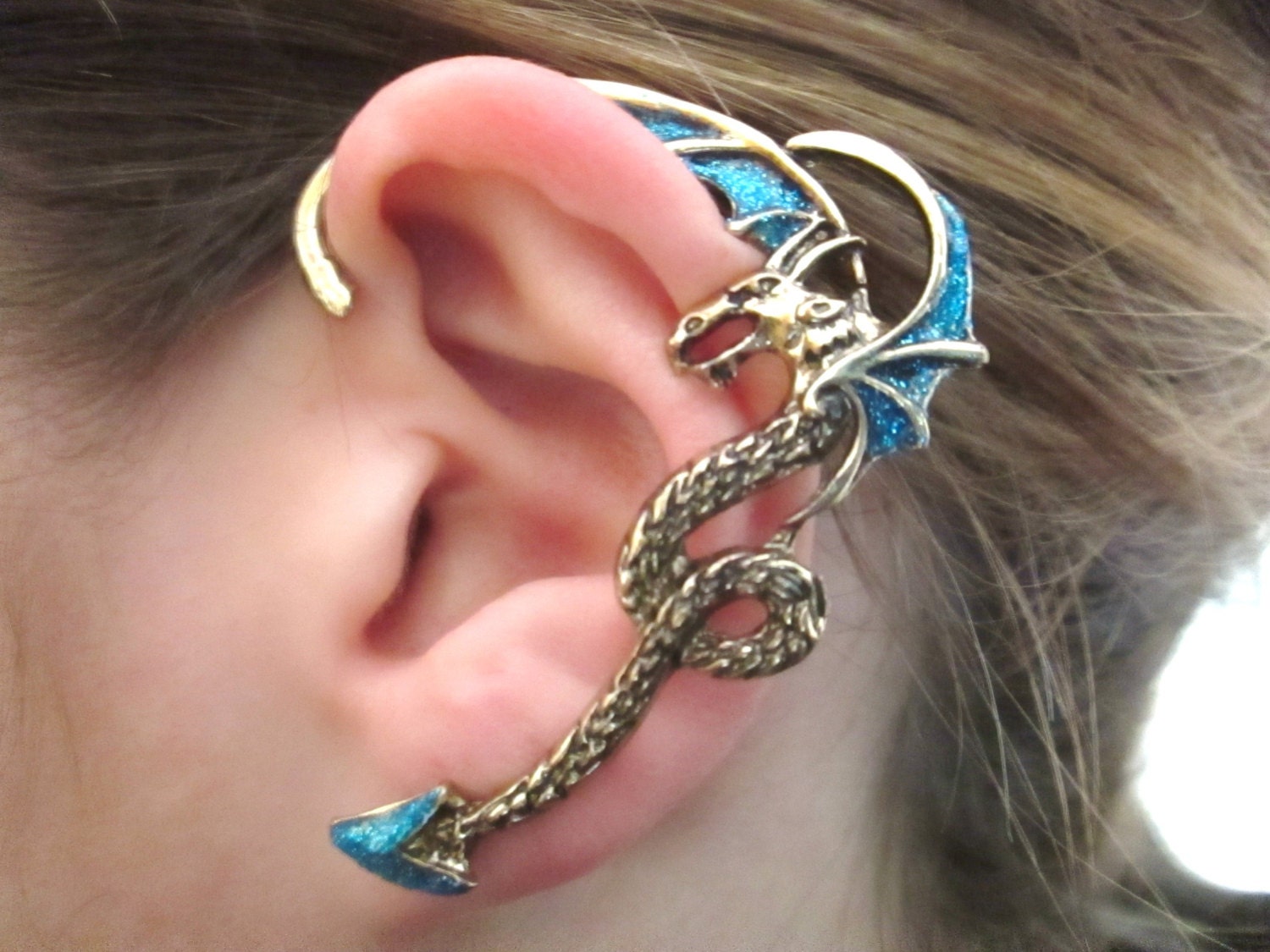 Blue glitter dragon ear cuff blue dragon ear cuff earrings