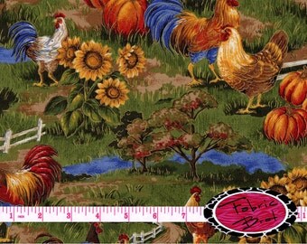 ROOSTER Fabric by the Yard Half Yard or Fat Quarter Chicken Fabric FARM ...