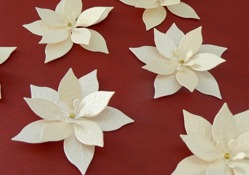 8 White Gold Shimmering Poinsettias with Rhinestone 2.75" great for Christmas Scrapbooking, Embellishments, Garlands, Cupcake Toppers