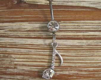 Belly Button Ring - Body Jewelry - Silver Rhinestone Music Note with Clear Gem Stone Belly Button Ring