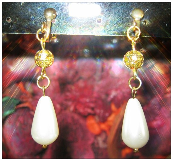 Handmade Gold Clip-On Earrings with White Pearl Drop by IreneDesign2011