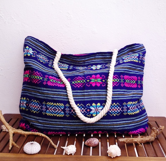 Boho tote  embroidered bag  nautical rope straps  mexican ...