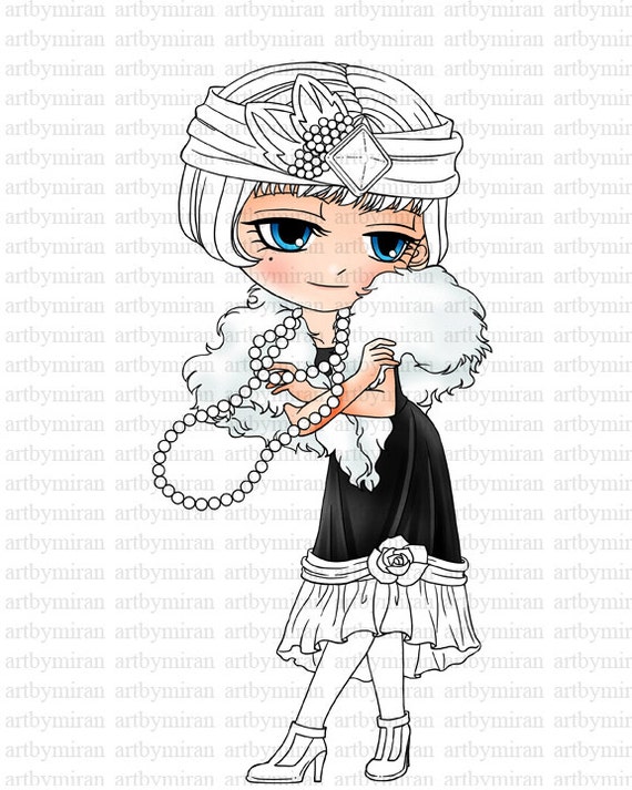 Digital Stamp - Flapper 1920's, Girl Digi Stamp, Big eyed Coloring page, Printable Line art for Card and Craft Supply, Art by Mi Ran Jung