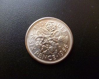 United Kingdom 1966 Sixpence coin in extremely fine condition ideal for craft or jewellery making.