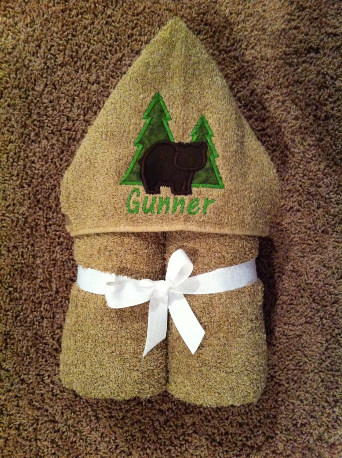 Personalized Bear w/ Trees Hooded Towel