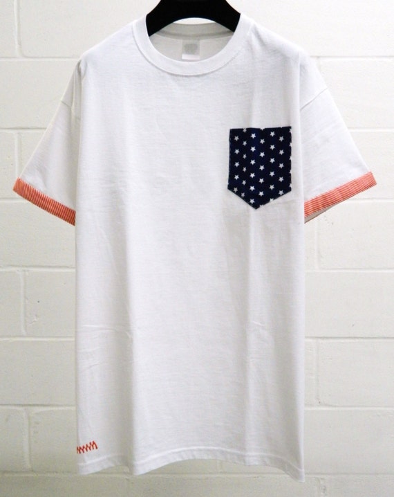 Men's Stars and Stripes Pattern White Pocket T-Shirt