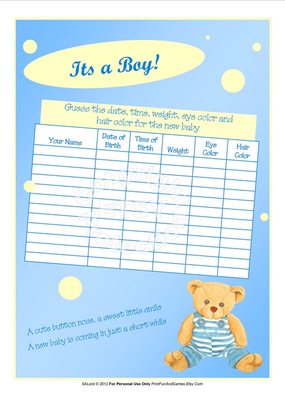 Baby Boy Shower Game Guess the Weight Date by PrintFunAndGames