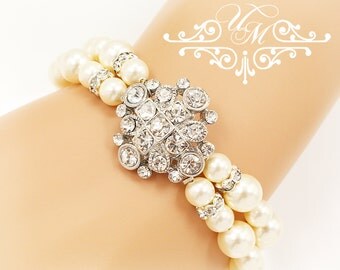 Wedding Jewelry Swarovski Pearl Bracelet Double strands Diamond look Bracelet Bridal Jewelry Bridal Bracelet Bridesmaids Bracelet - VIOLET