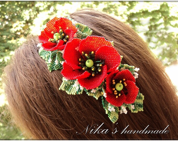 Women's flower grecian Headband with Red Poppies made of czech beads in Ukrainian ethnic style