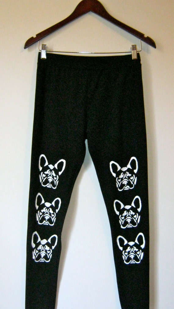 Black leggings with bulldogs, M/L size, handmade cotton leggings, black women's leggings, women's wear, yoga pants, non see through leggings