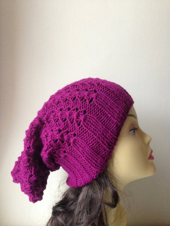 Plum Hand Knitted Hat, Slouchy beanie hat, slouchy plum cableknit hat, hand knit women men hat, chunky slouchy knitted hat