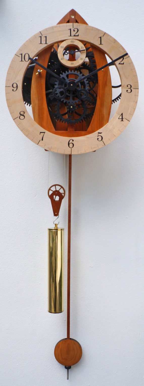 Large wooden mechanical skeleton wall clock with pendulum