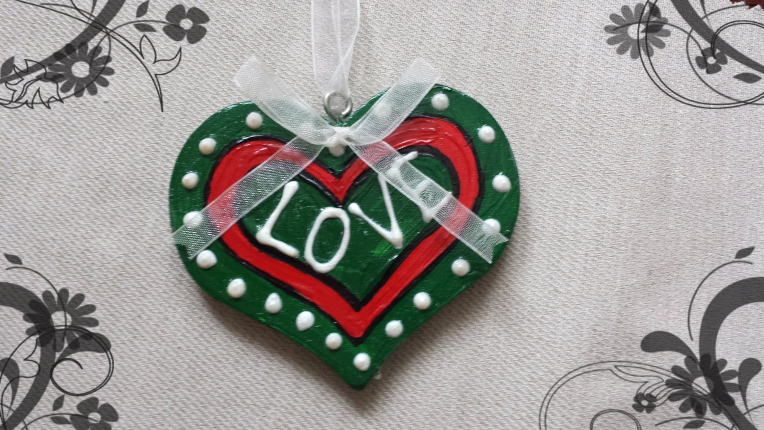 Handpainted Heart Hanging Decoration - red, white and green