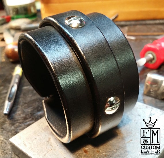 Leather cuff bracelet Black bridle leather wristband Hand worked and made for You in Brooklyn NYC by Freddie Matara