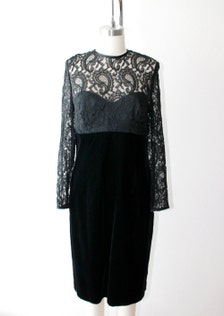 1990's Black Lace Velvet Dress Size Medium