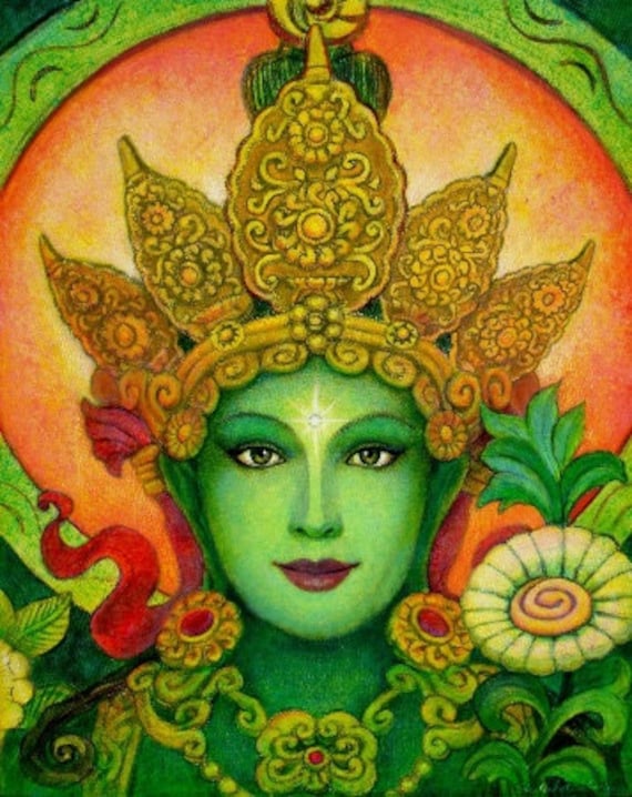 Green Tara Buddha poster spiritual art Buddhist Goddess meditation PRINT of painting by Sue Halstenberg