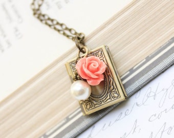 Book Locket Necklace Pendant Necklace Peach Coral Rose Charm Pearl Charm Necklace Secret Hiding Place Photo Locket Long Necklace Gold Brass