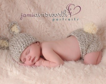 Baby Bunny Hat and Diaper Cover set, Newborn Grey Bunny Hat and Diaper Cover Set, Baby Easter Set, Crochet Baby PHOTO PROP