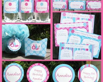 Spa Party Invitation & Decorations - full Printable Package - Birthday Party - INSTANT DOWNLOAD - EDITABLE text you personalize