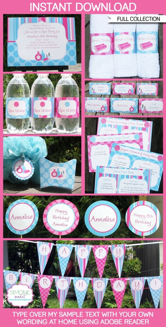 Spa Theme Party Invitation & Decorations - full Printable Package - Birthday Party - INSTANT DOWNLOAD - EDITABLE text you personalize Il_570xn