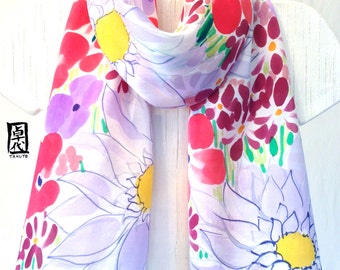 Handpainted silk scarf Rainbow Wildflower Garden, Silk Floral Scarf. Multicolor Silk Satin Scarf. Silk Scarves Takuyo. Approx 10x58 in.