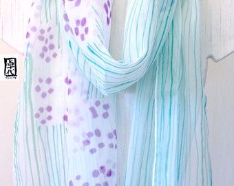 Hand Painted Silk Scarf, Large Silk Scarf, Purple and Pink Sumi Wildflowers, Large Silk Scarf. Chiffon Scarf. 14x70 in. Made to order.