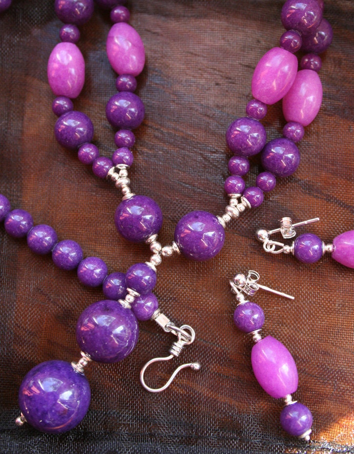 Jade Jewellery Set Purple Violet Double Strand Pendant