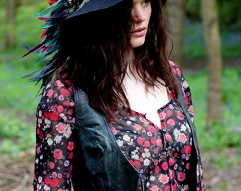 Seventies feather felt hat, wide brimmed hat, feather tail,wool floppy hat
