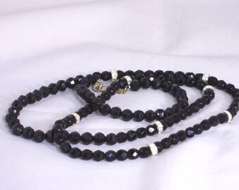 Vintage Signed Napier Black Faceted Bead Necklace Silvertone Rhinestone Rondell Spacers Classic Long 30" Christmas Anniversary Gifts for Her