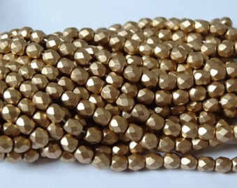 4mm Czech Glass Fire Polish Bead Silky Gold 50 Pieces
