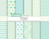 Mint digital paper: "MINT" mint green digital paper with chevron, polkadots, stripes, dots, arrows, damask, triangles, quatrefoil, hearts