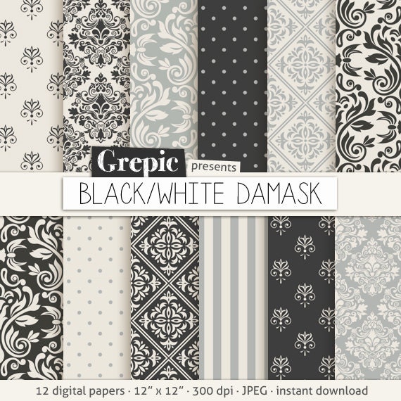 Black / gray damask digital paper: BLACK / WHITE