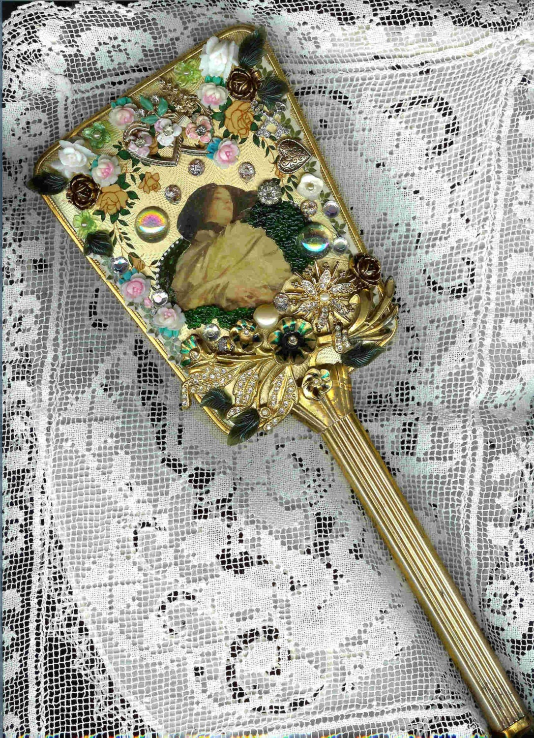 Romantic Rose Antique hand mirror with embellishments of