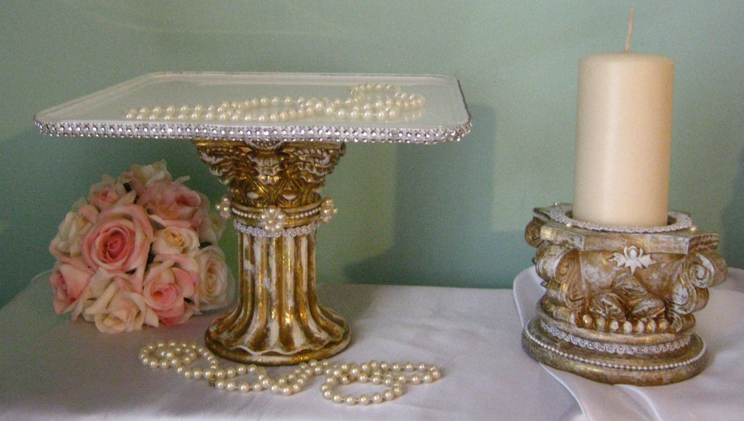 Cake Pedestal & Candle Holder Shabby Chic Wedding Gold