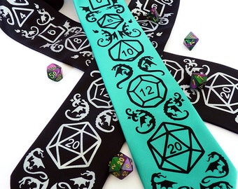 Dice and Dragons Necktie - DnD, RPG, D20 Dice, Dragon Men's Tie - High Roller Necktie - Geek Gamer Gift